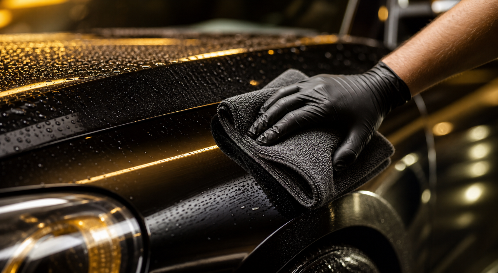 A gloved hand wiping water beads from glossy black vehicle paint